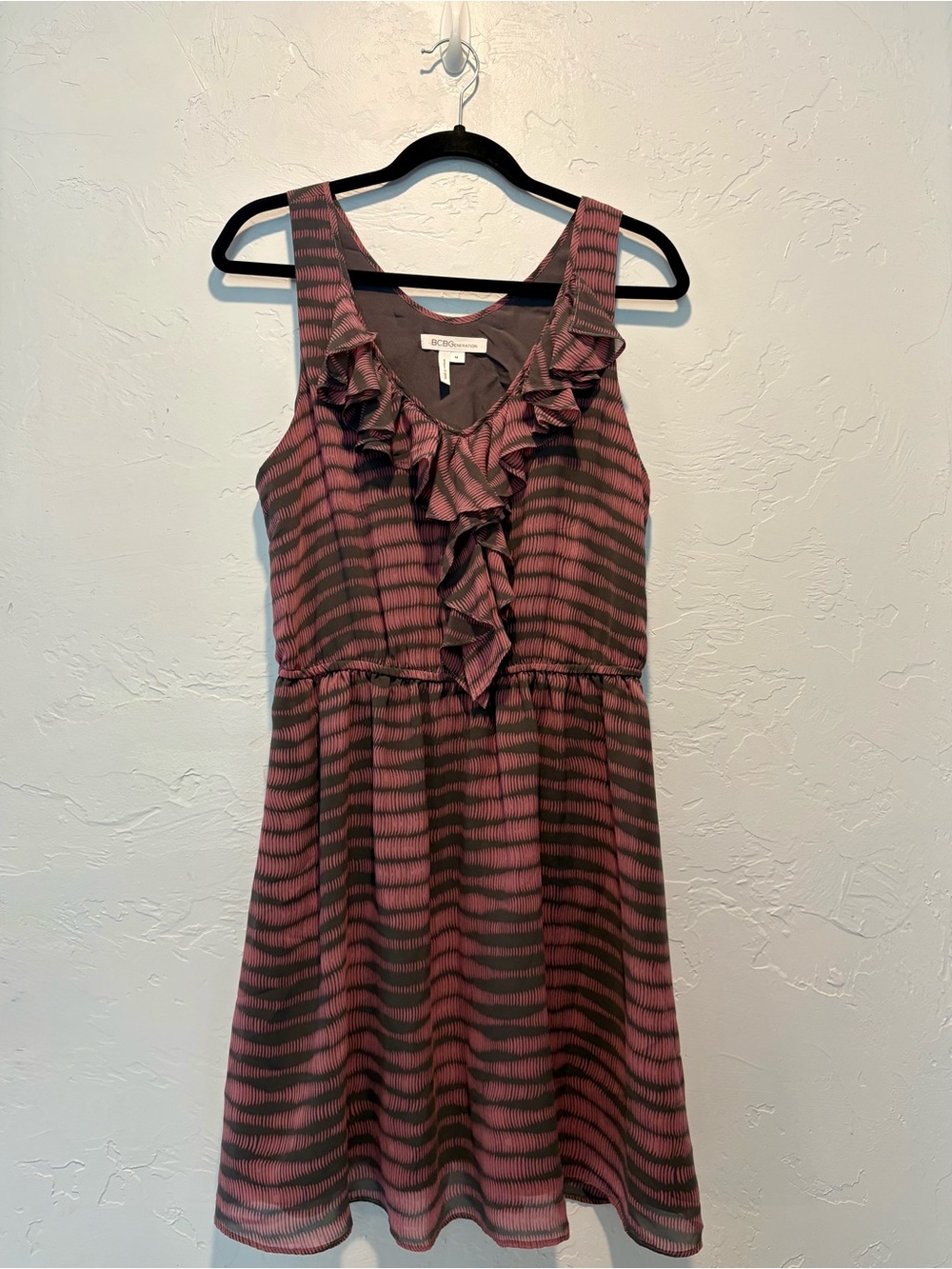 BCBGeneration Pink and Black Ruffle V-Neck Mini Dress